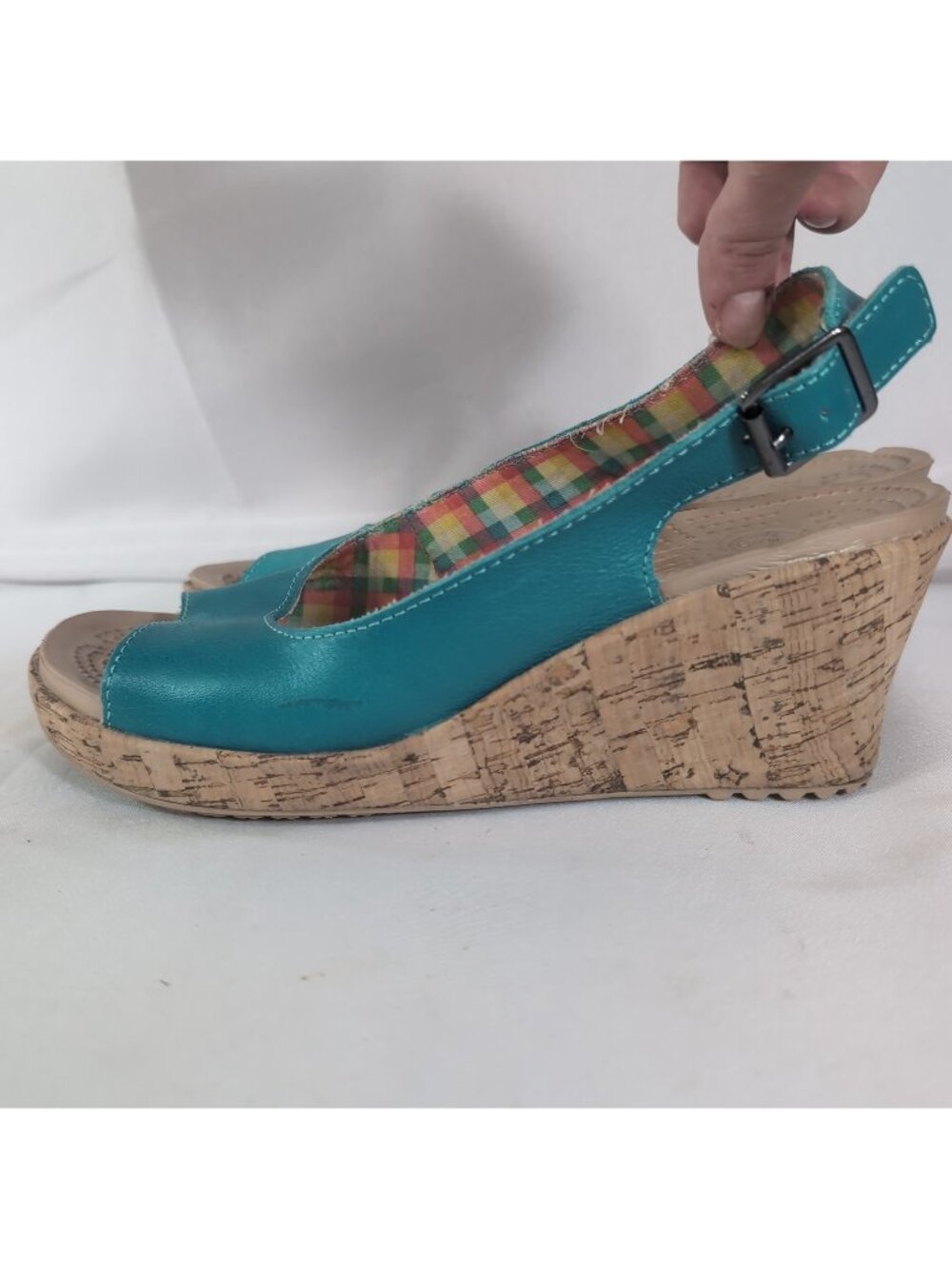 CROCS A-Leigh Women 9 Teal Blue Tan Beige Cork Wedge Sandals 11848 Slingback